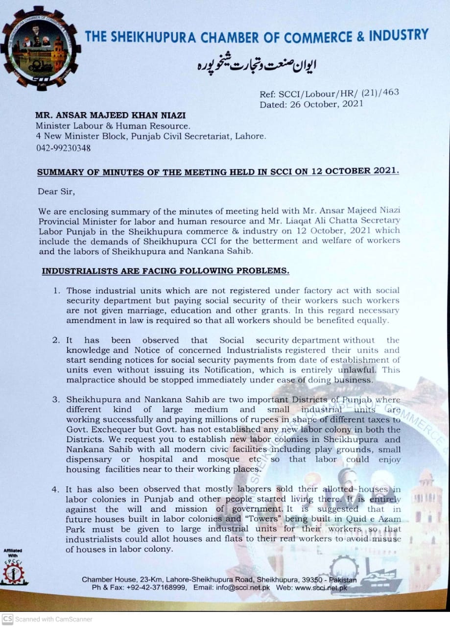 SUMMARY OF MINUTES OF THE MEETING HELD IN SCCI ON 12 OCTOBER 2021. Mr. Ansar Majeed Niazi Provincial Minister for labor and human resource